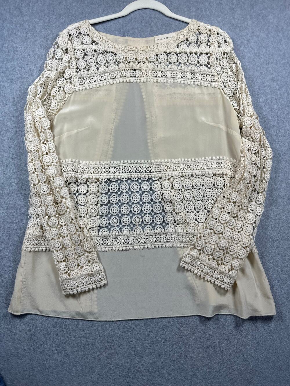 4 Love And Liberty Top Size L Cream Cotton Floral Lace Sheer Scoop Casual Party